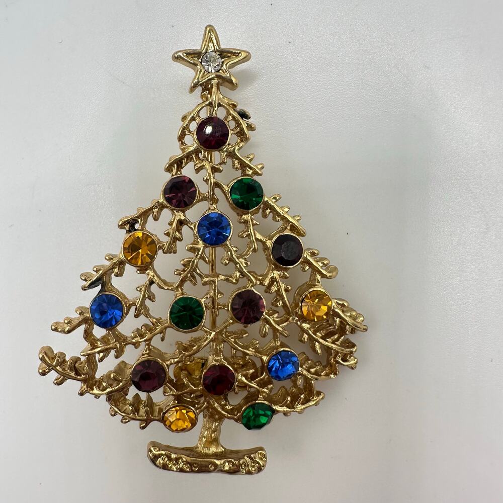 Eisenberg Ice vintage gold tone multicolor rhinestones Christmas tree brooch - Picture 2 of 8